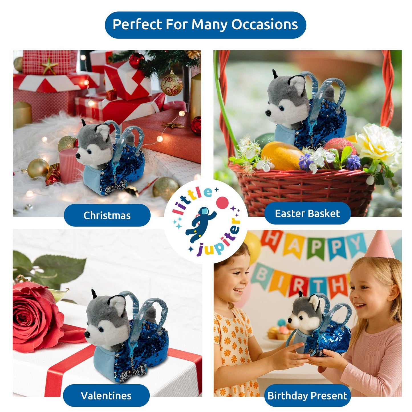 Little Jupiter Pet Plush Set with Bag - Husky Dog with Blue Bag