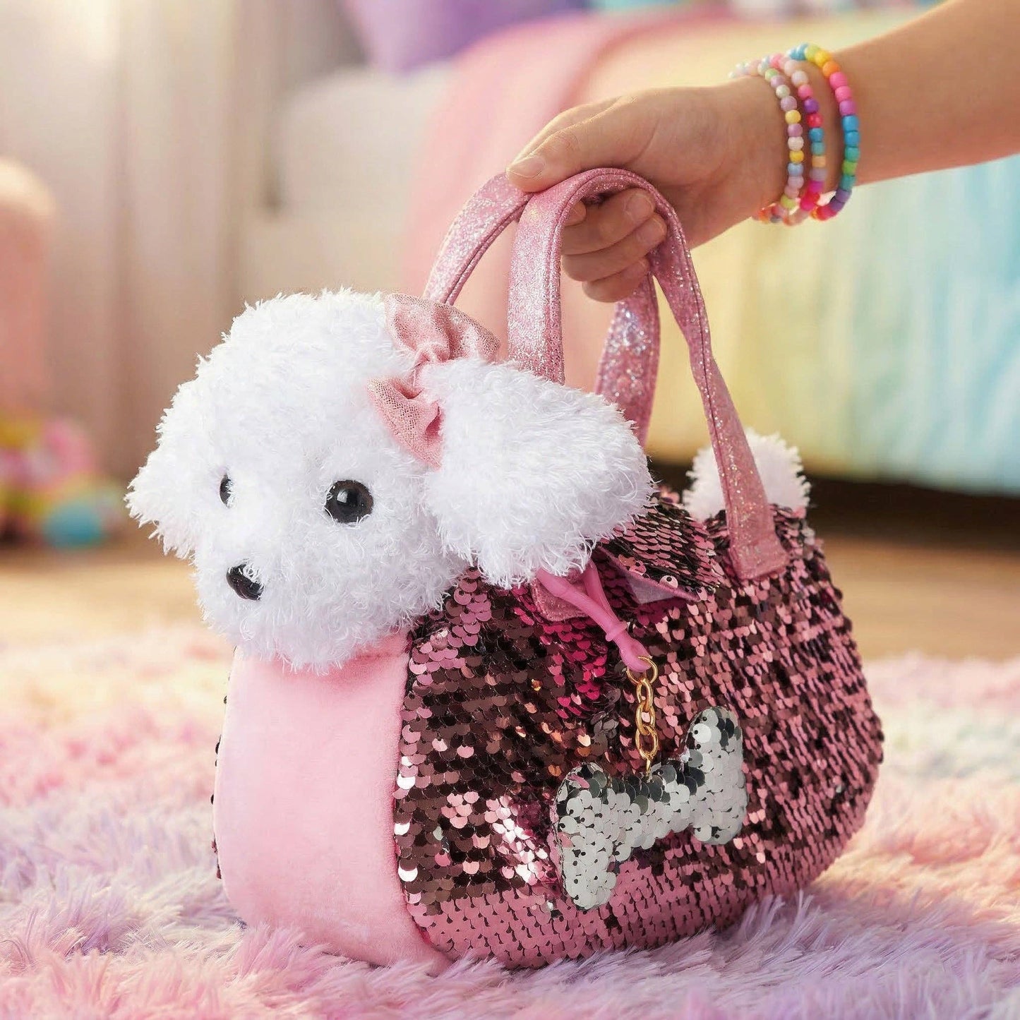 Little Jupiter Pet Plush Set with Bag - White/Pink Labradoodle Dog