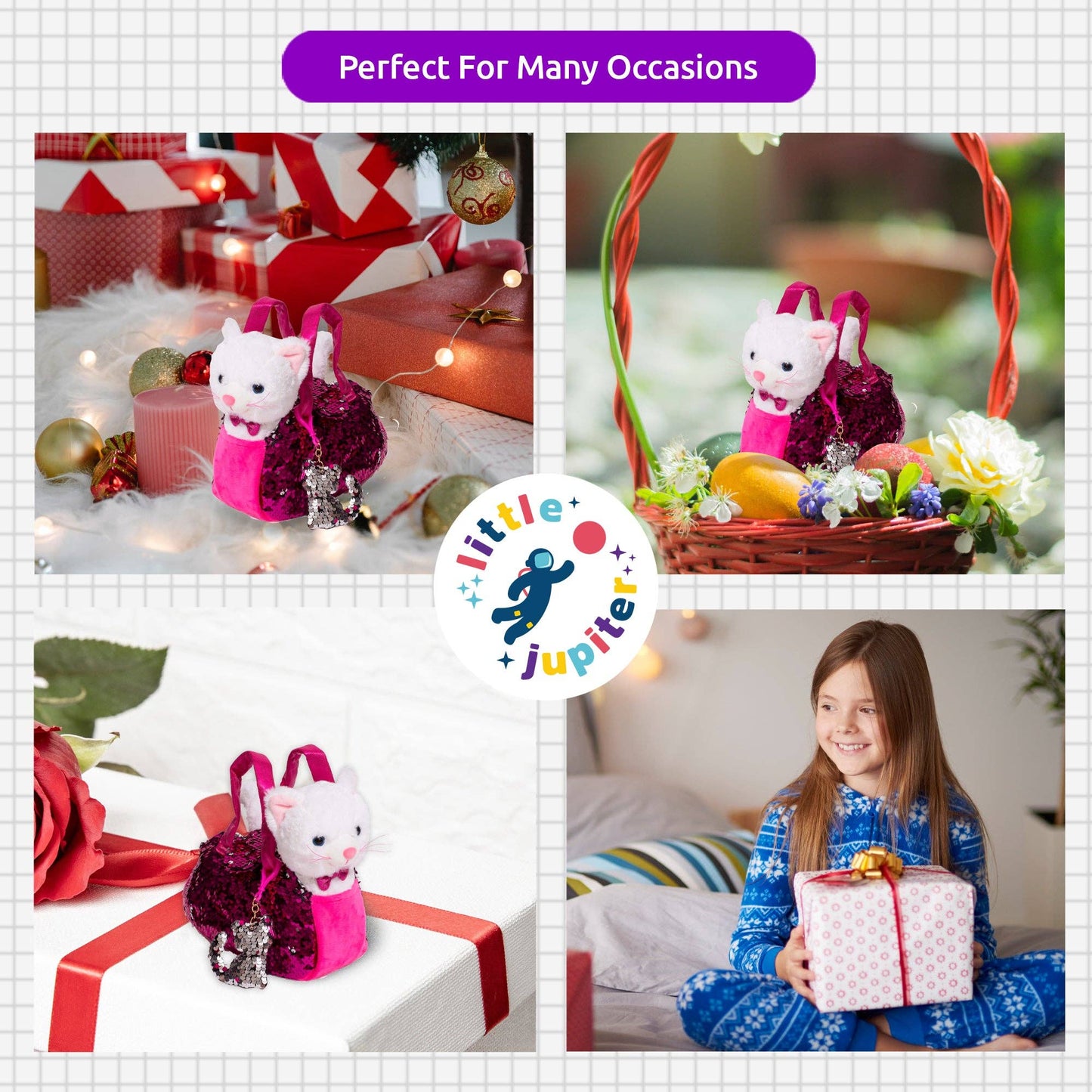 Little Jupiter Pet Plush Set with Bag - White Cat with Hot Pink Bag