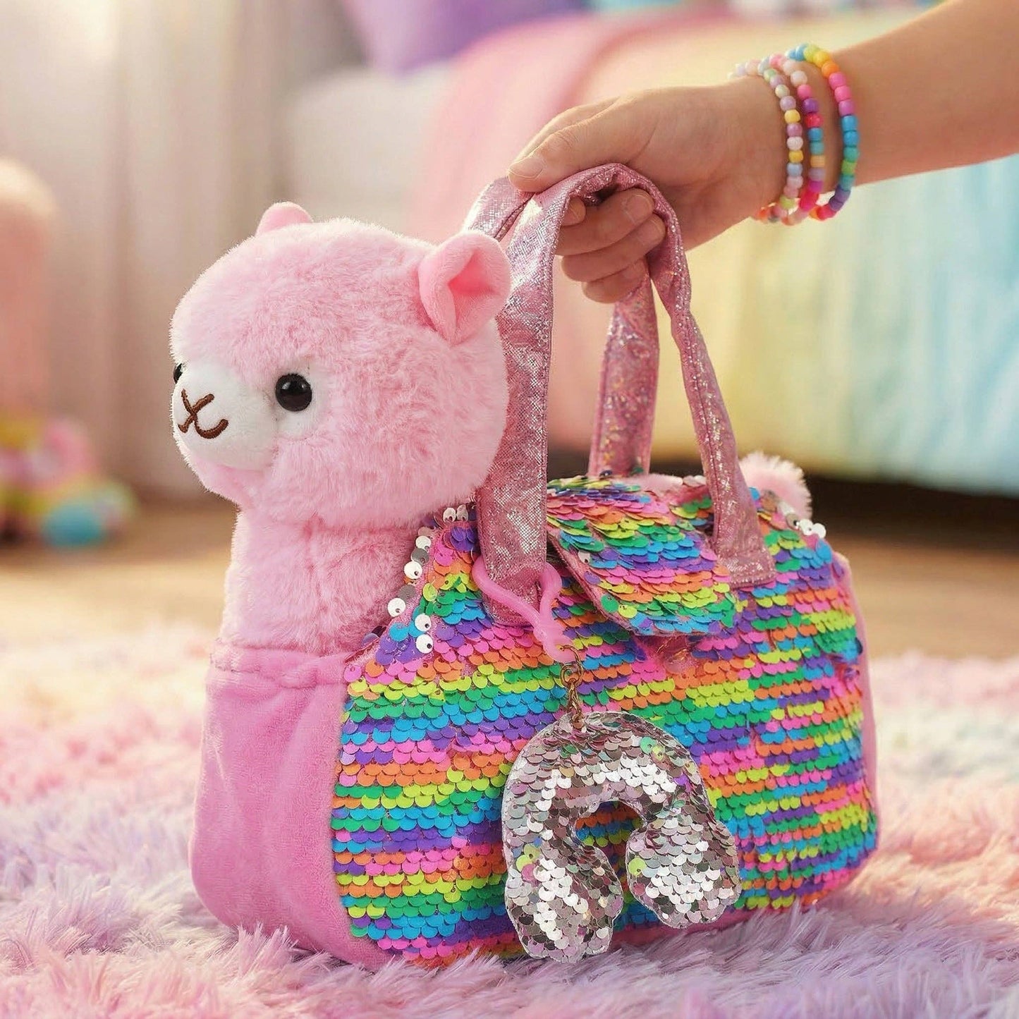 Little Jupiter Pet Plush Set with Bag - Pink Llama with Rainbow Bag