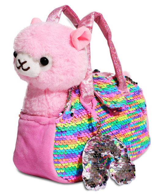Little Jupiter Pet Plush Set with Bag - Pink Llama with Rainbow Bag