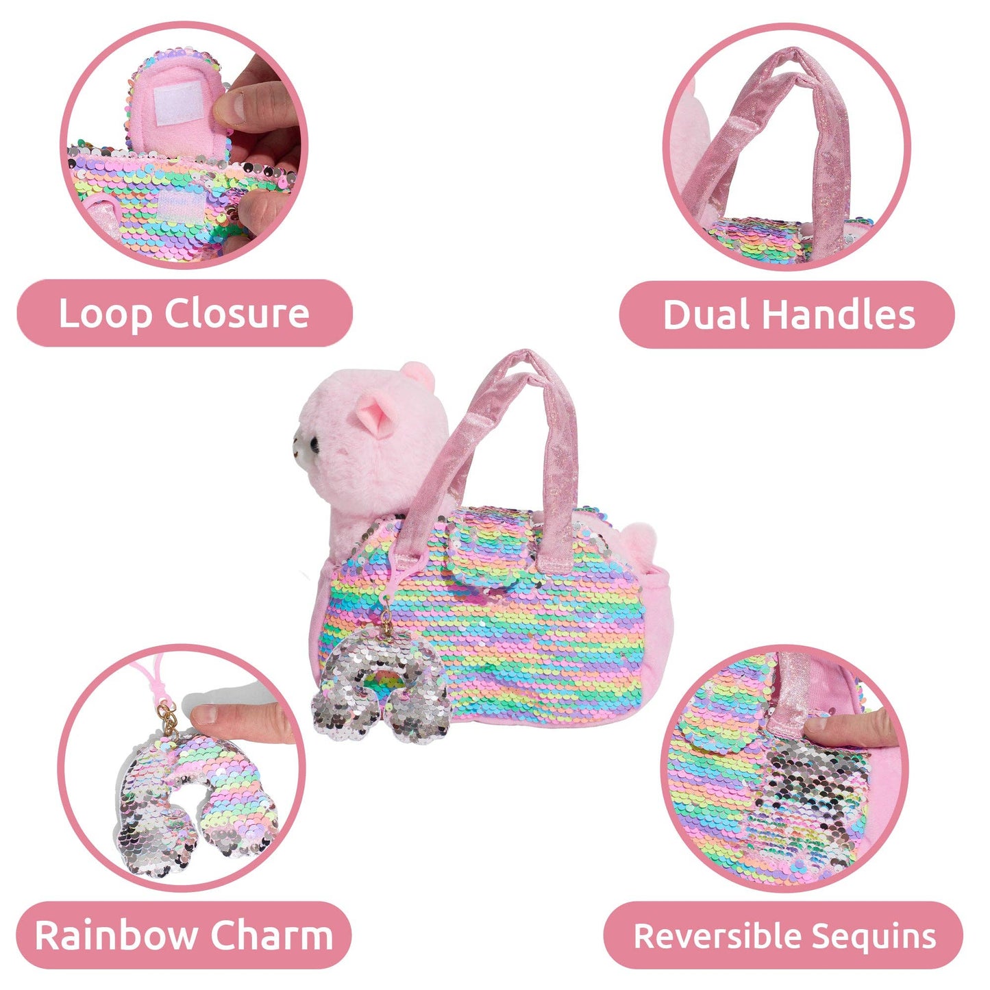 Little Jupiter Pet Plush Set with Bag - Pink Llama with Rainbow Bag
