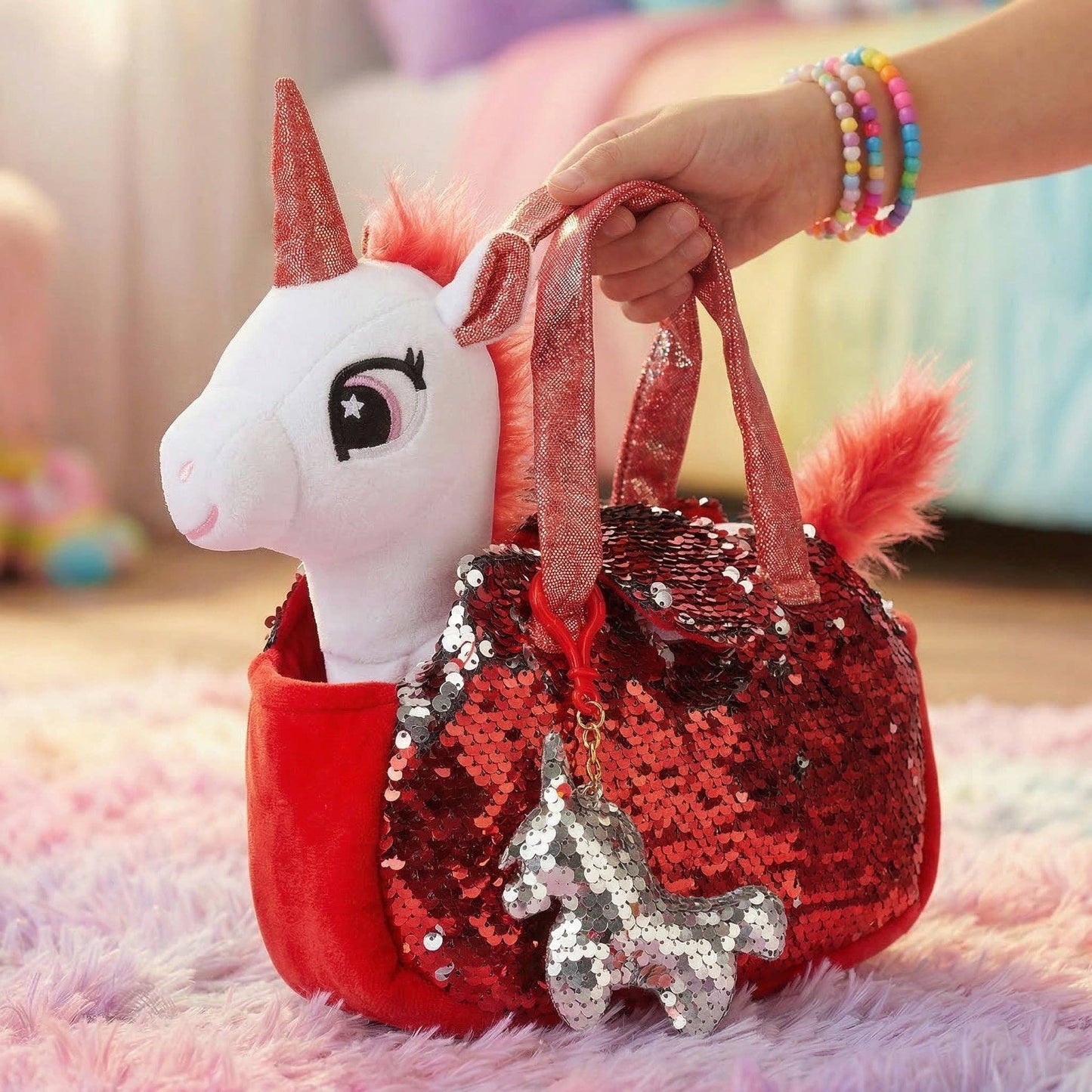 Little Jupiter Pet Plush Set with Bag - White/Red Unicorn