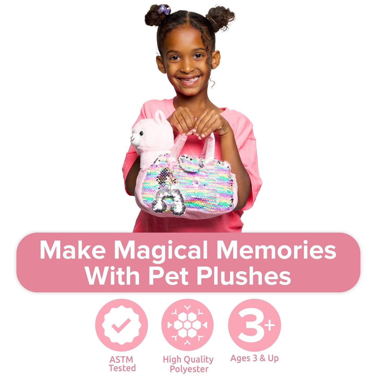 Little Jupiter Pet Plush Set with Bag - Pink Llama with Rainbow Bag