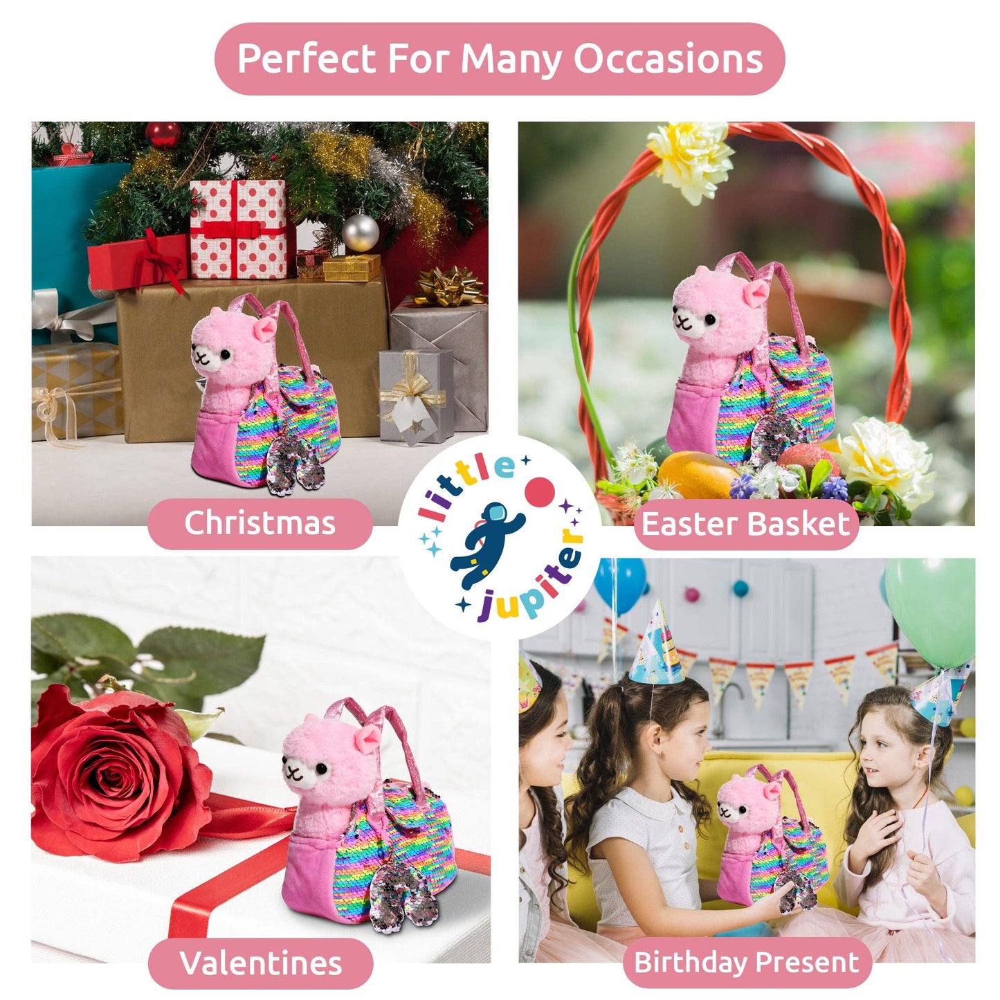 Little Jupiter Pet Plush Set with Bag - Pink Llama with Rainbow Bag