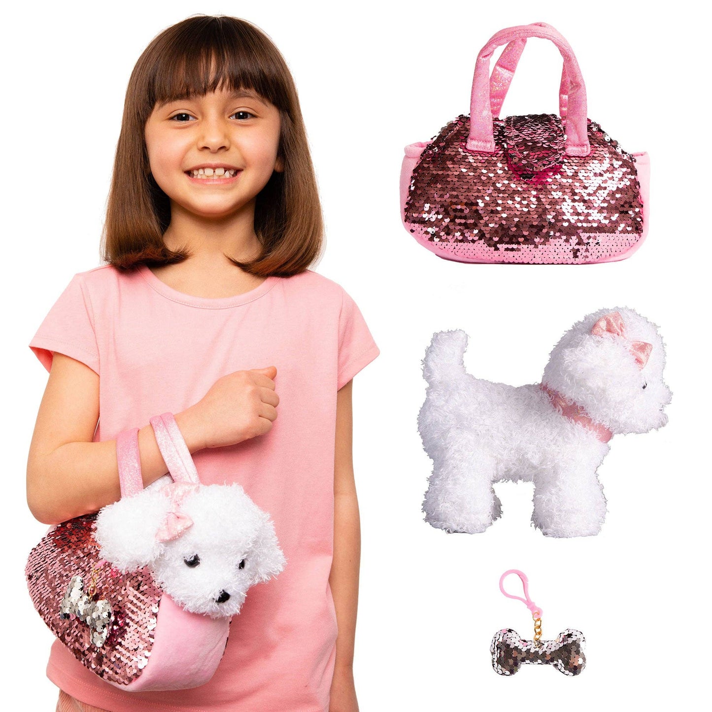 Little Jupiter Pet Plush Set with Bag - White/Pink Labradoodle Dog