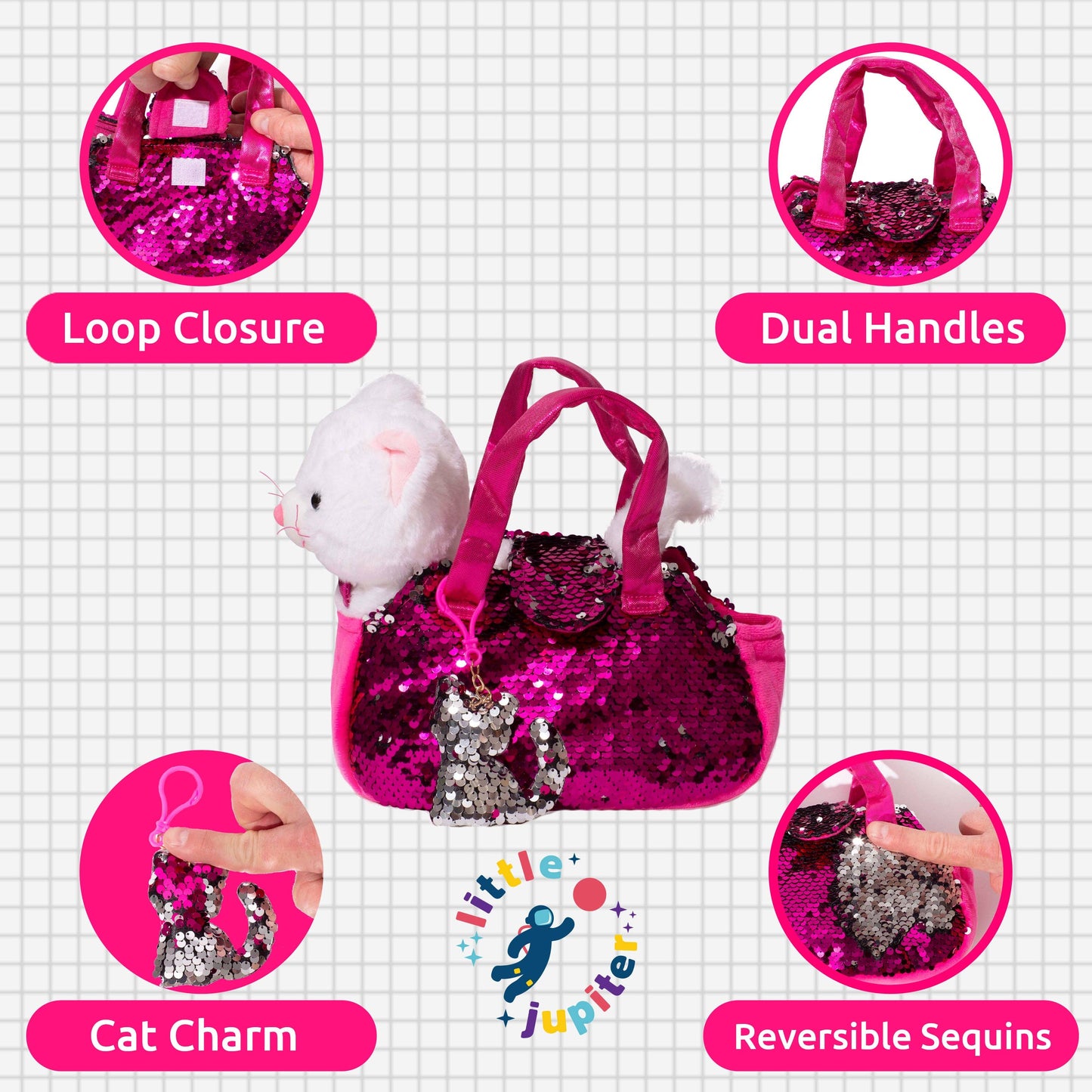 Little Jupiter Pet Plush Set with Bag - White Cat with Hot Pink Bag