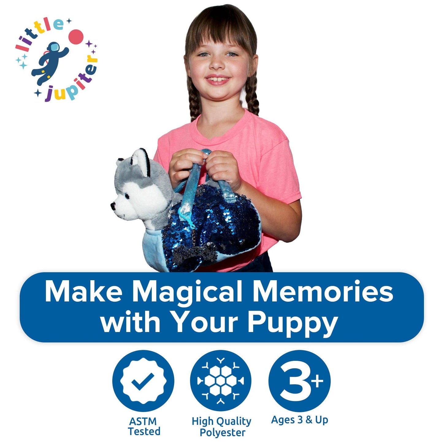 Little Jupiter Pet Plush Set with Bag - Husky Dog with Blue Bag